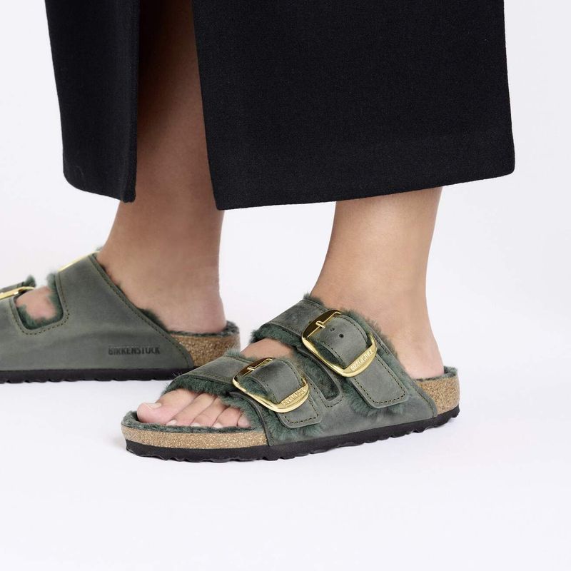 Birkenstock Arizona Big Buckle thyme oljet skinn lammeull smal