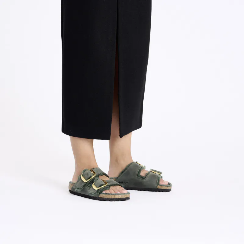 Birkenstock Arizona Big Buckle thyme oljet skinn lammeull smal